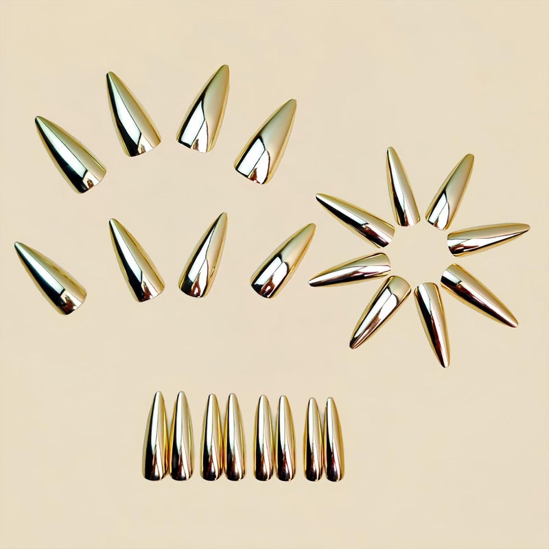 SINHOT Stiletto Press on Nails Long - Long Fake Nails, Glossy Finish, Gold Metallic & Chrome, DIY Artificial False Nail Art - 24 Pcs Nail Kit with Glue - Image 2